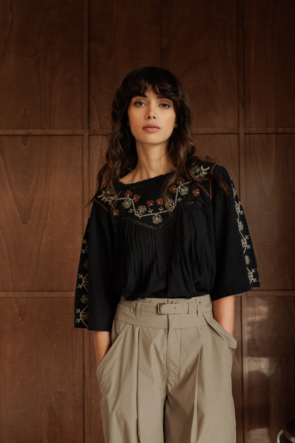 Embroidered Yoked 3/4 Sleeve Blouse