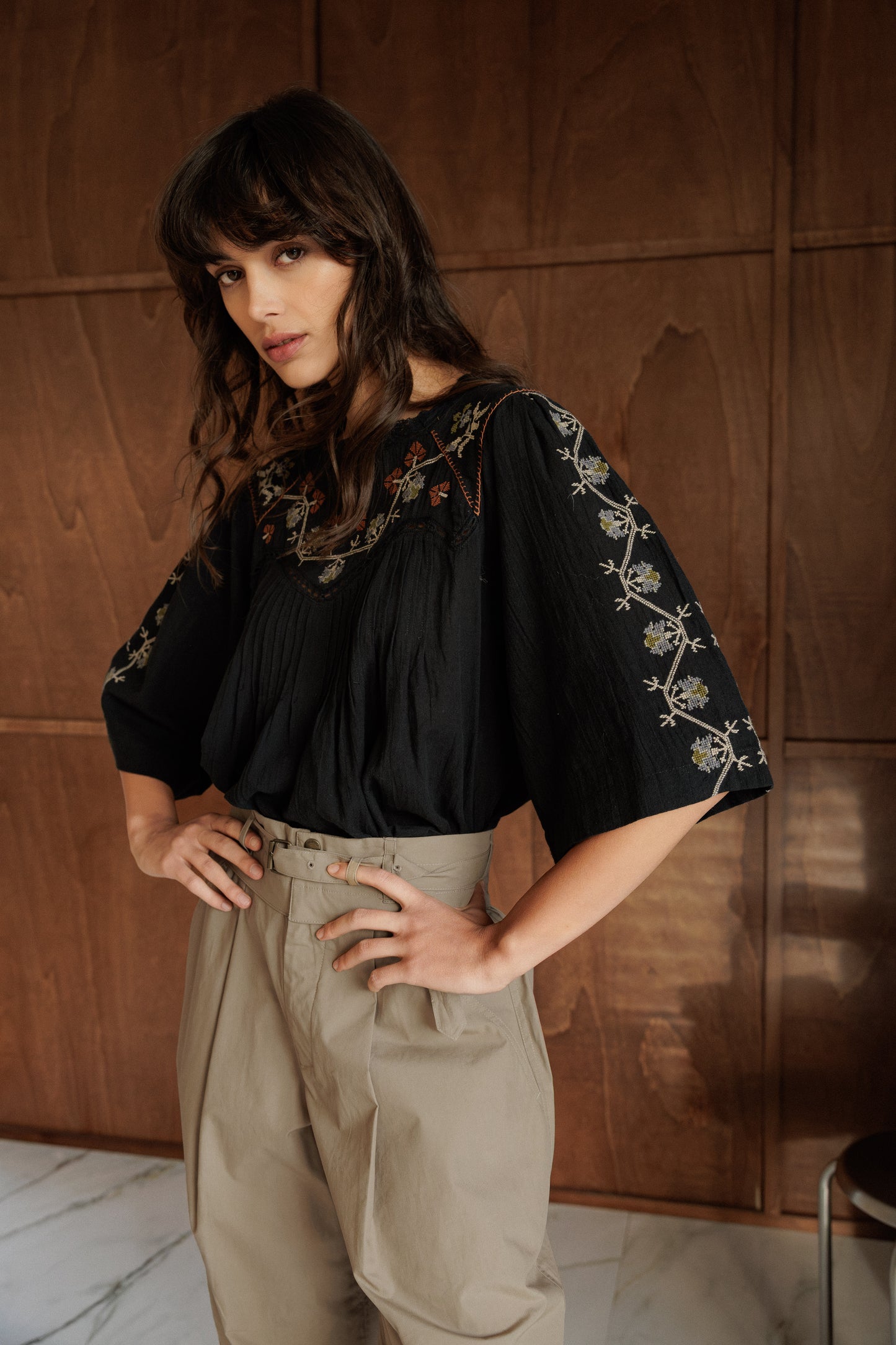 Embroidered Yoked 3/4 Sleeve Blouse
