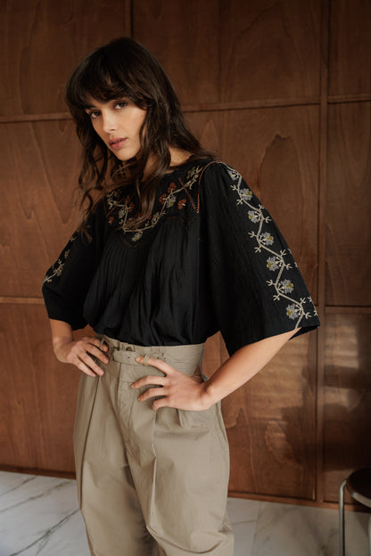 Embroidered Yoked 3/4 Sleeve Blouse