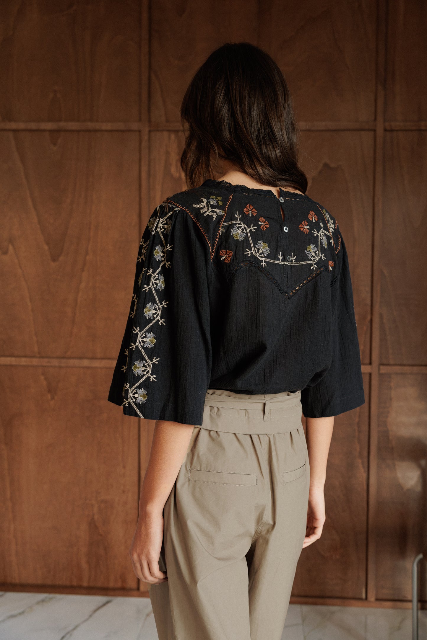 Embroidered Yoked 3/4 Sleeve Blouse