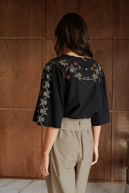 Embroidered Yoked 3/4 Sleeve Blouse