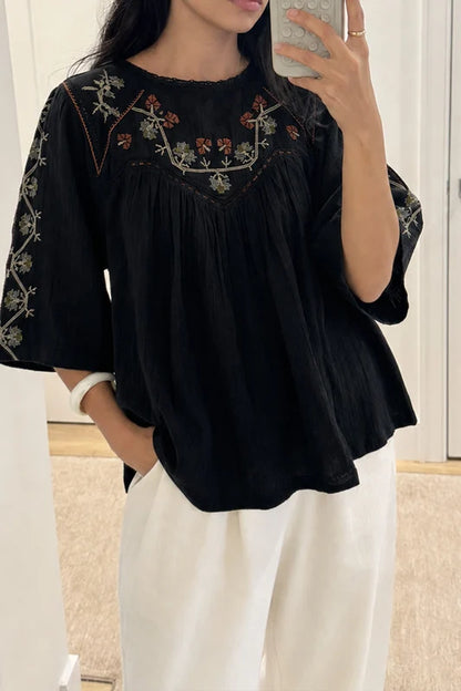Embroidered Yoked 3/4 Sleeve Blouse